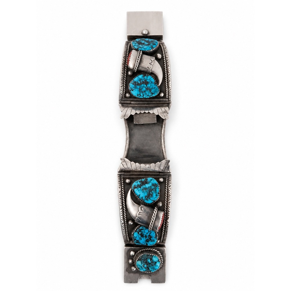 Vintage Navajo Sterling Silver Turquoise CoralClaw Watch Cuff Bracelet signed